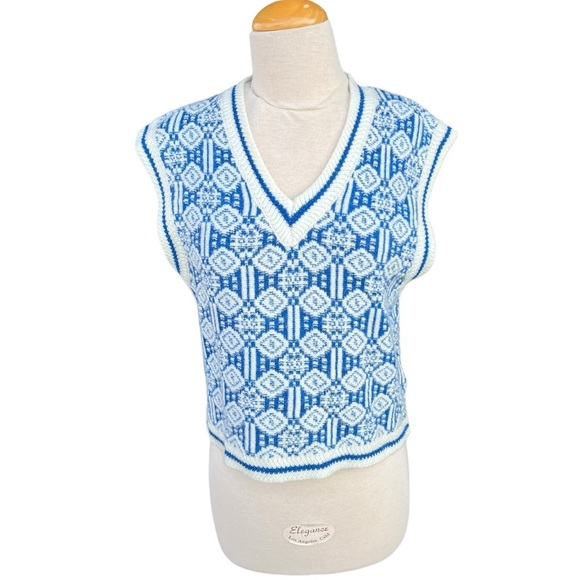 Maje Melonie Sleeveless Geometric Jacquard Sweater Vest Metallic Blue White Med - Picture 1 of 9